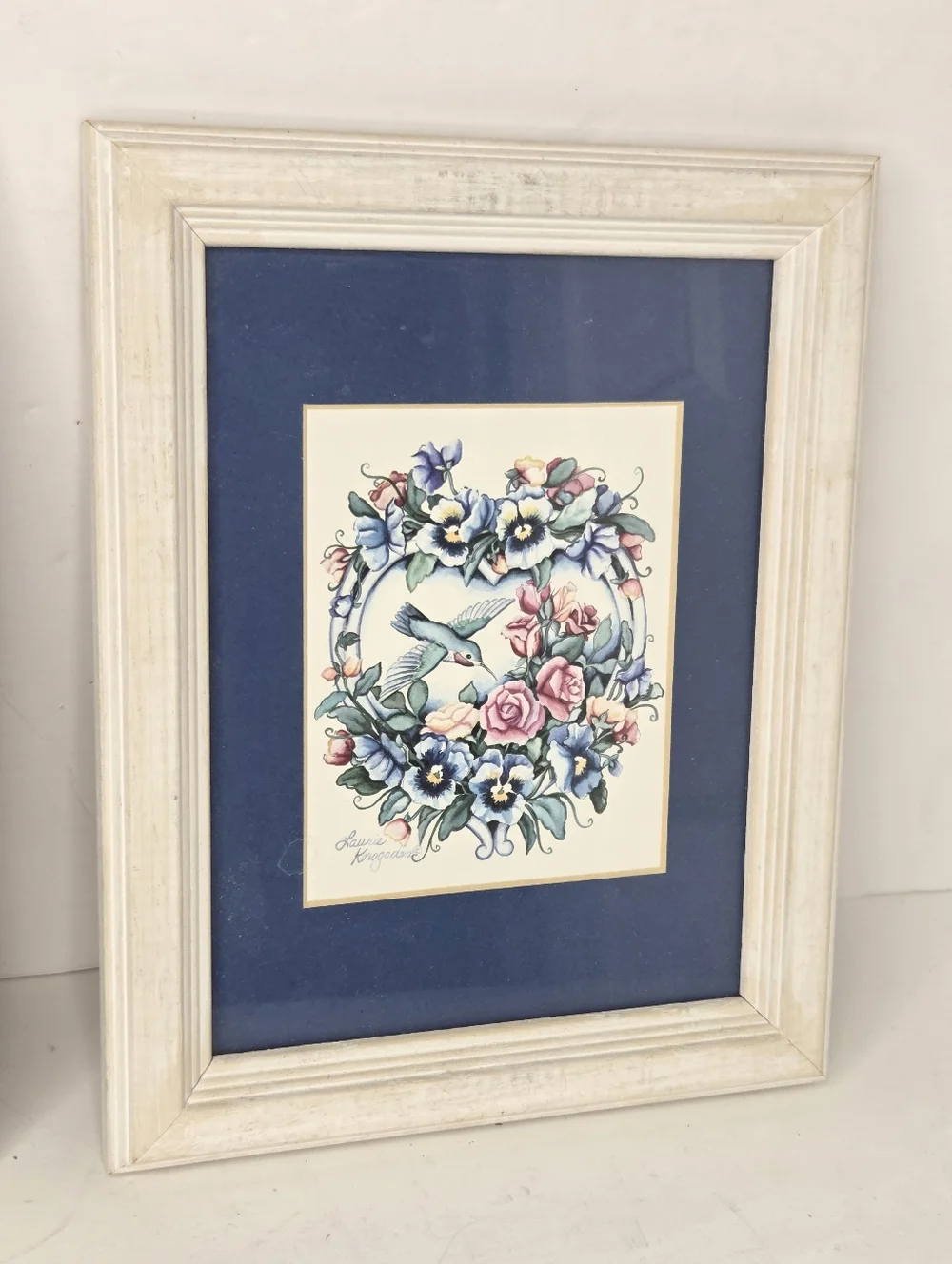 Vintage 90s Blue Hummingbird Floral Wooden Wall Decor Set Laurie Korsgaden